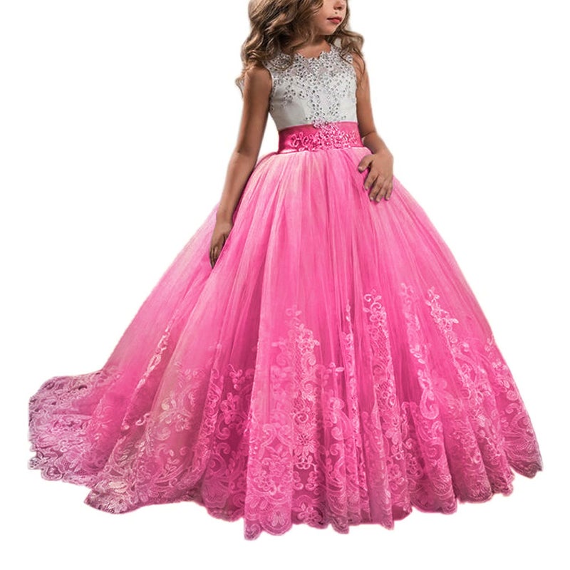WDE Princess Hot Pink Long Girls Pageant Dresses Kids Prom Puffy Tulle Ball Gown US 12 - Image 1